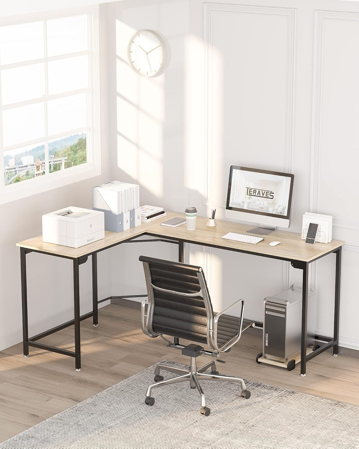 Modern L-Shaped Desk 58'' Corner Computer Desk Home Office Study Workstation Wood & Steel PC Laptop Gaming Table