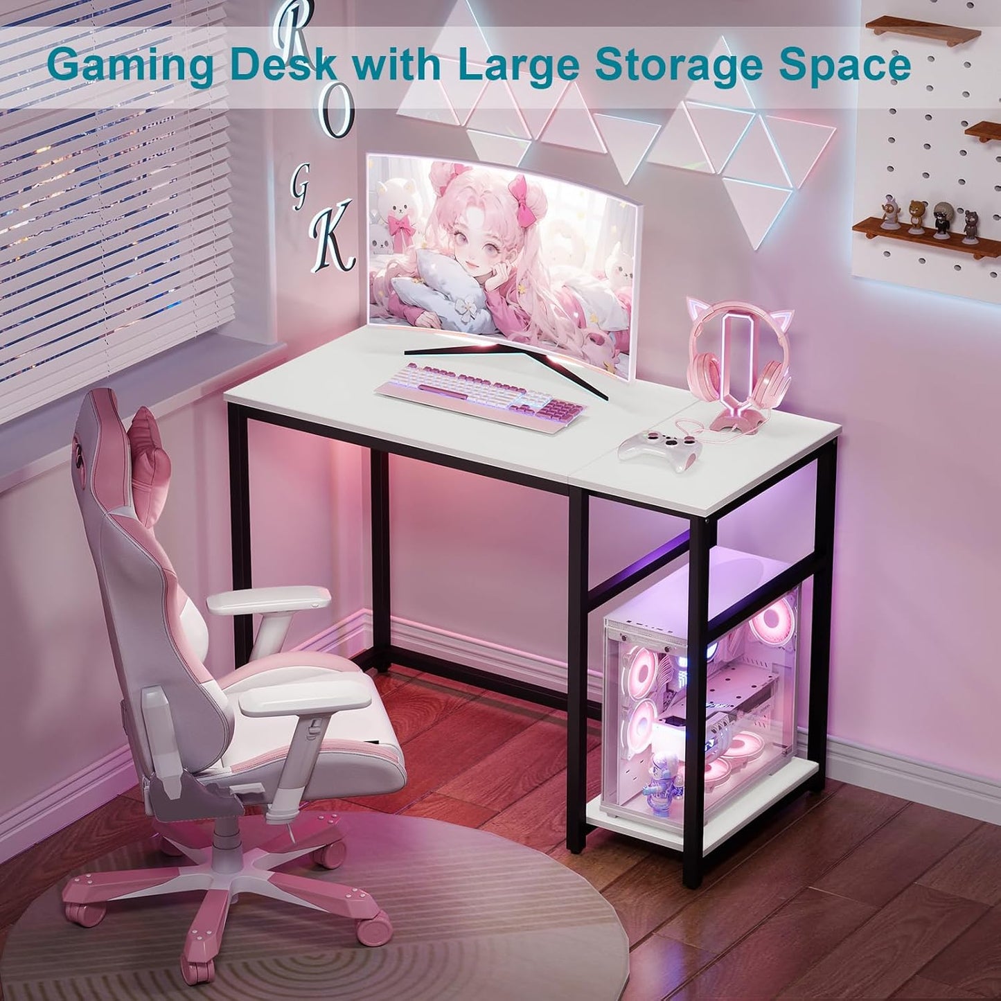 Computer Desk 47 Inches with 2-Tier Shelves Sturdy Home Office Desk with Large Storage Space Modern Gaming Desk Study Writing Laptop Table, White Desk