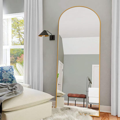 Arched Full Length Mirror Standing Hanging or Leaning against Wall, Oversized Large Bedroom Mirror Floor Mirror Dressing Mirror, Aluminum Alloy Thin Frame, Gold, 65"X22"