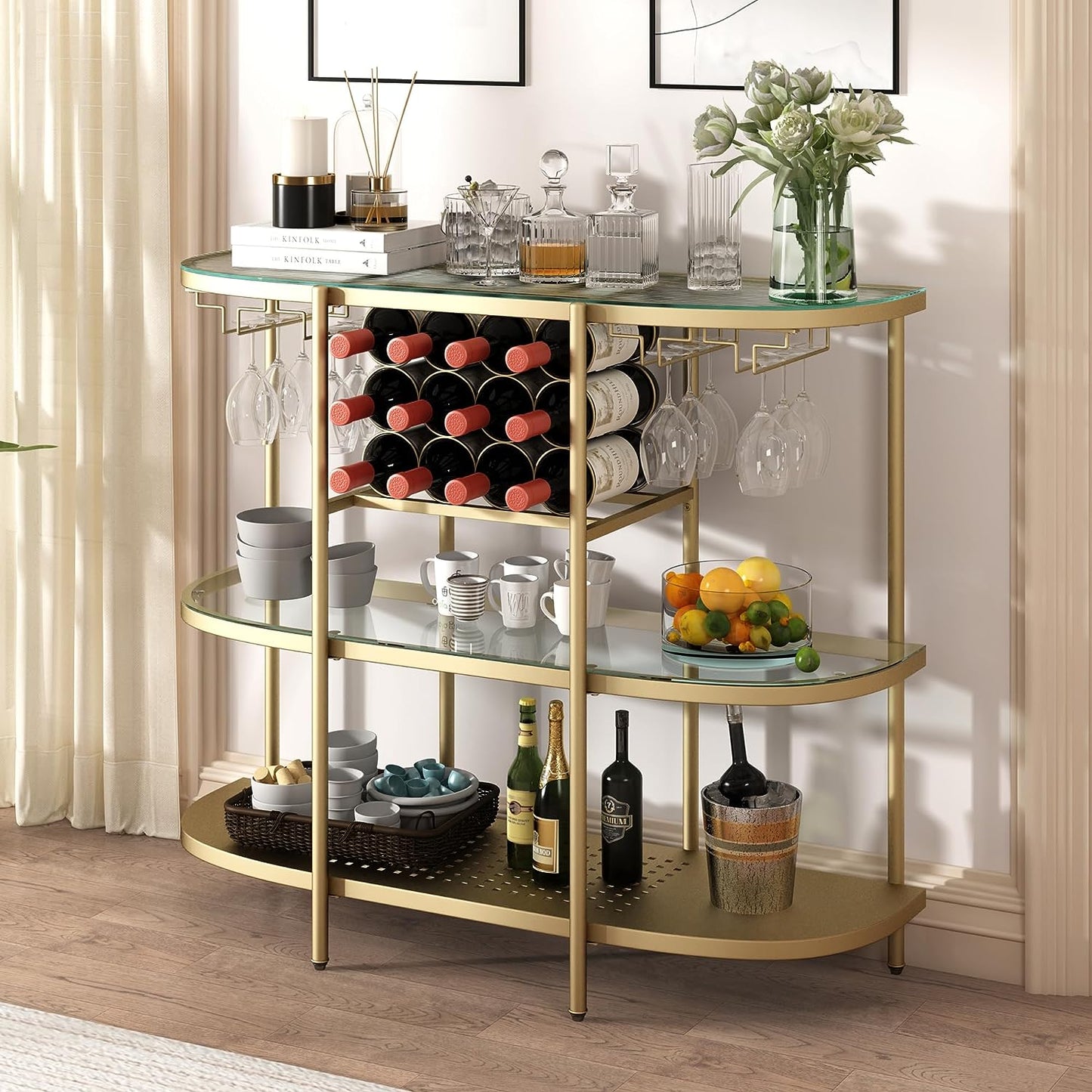 Home Bar Table with Wine Racks, 3 Tier Wine Bar Table with Glass Holders, Wine Cabinet with Open Shelf, Liquor Bar Coffee Bar Table for Living Room Kitchen, Gold