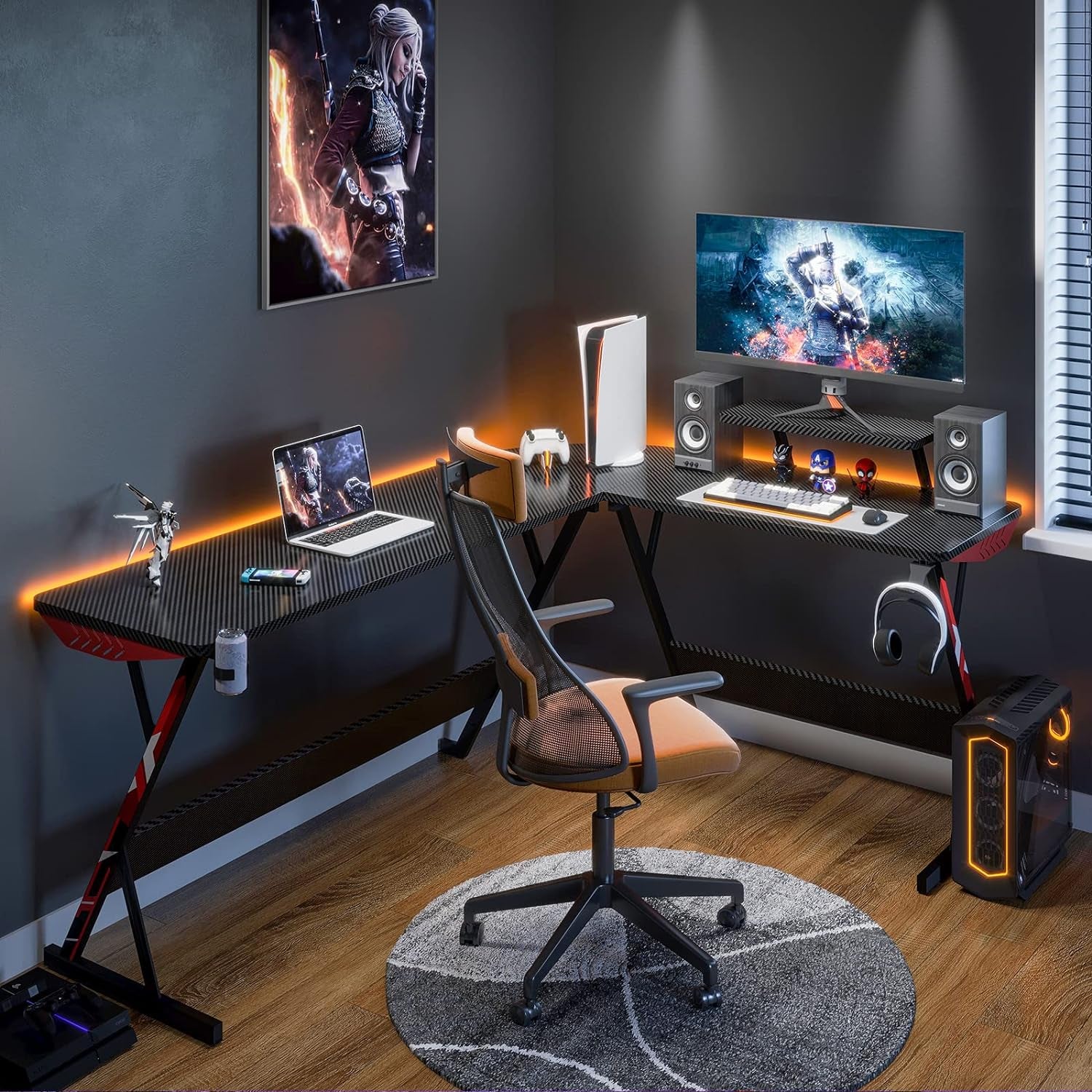 L Shaped Gaming Desk 66 Inch, Gaming Computer Desk L Shape with Carbon Fiber Surface, Gamer Desk Gaming Table with Monitor Shelf, Cup Holder & Headphone Hook, Black