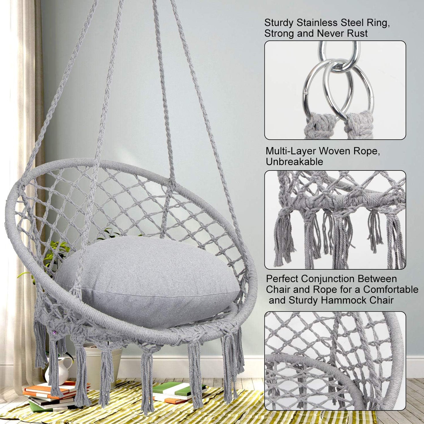 Hammock Chair Macrame Swing, Max 330 Lbs, Hanging Cotton Rope Hammock Swing Chair for Indoor and Outdoor Use, Light Grey