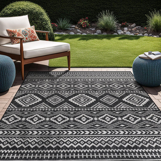 Waikiki Boho Indoor Outdoor Rug 5X7, Washable outside Carpet for Patio, Deck, Porch, Bohemian Area Rug, Farmhouse Rugs, Aztec Tribal Rug, Black and White