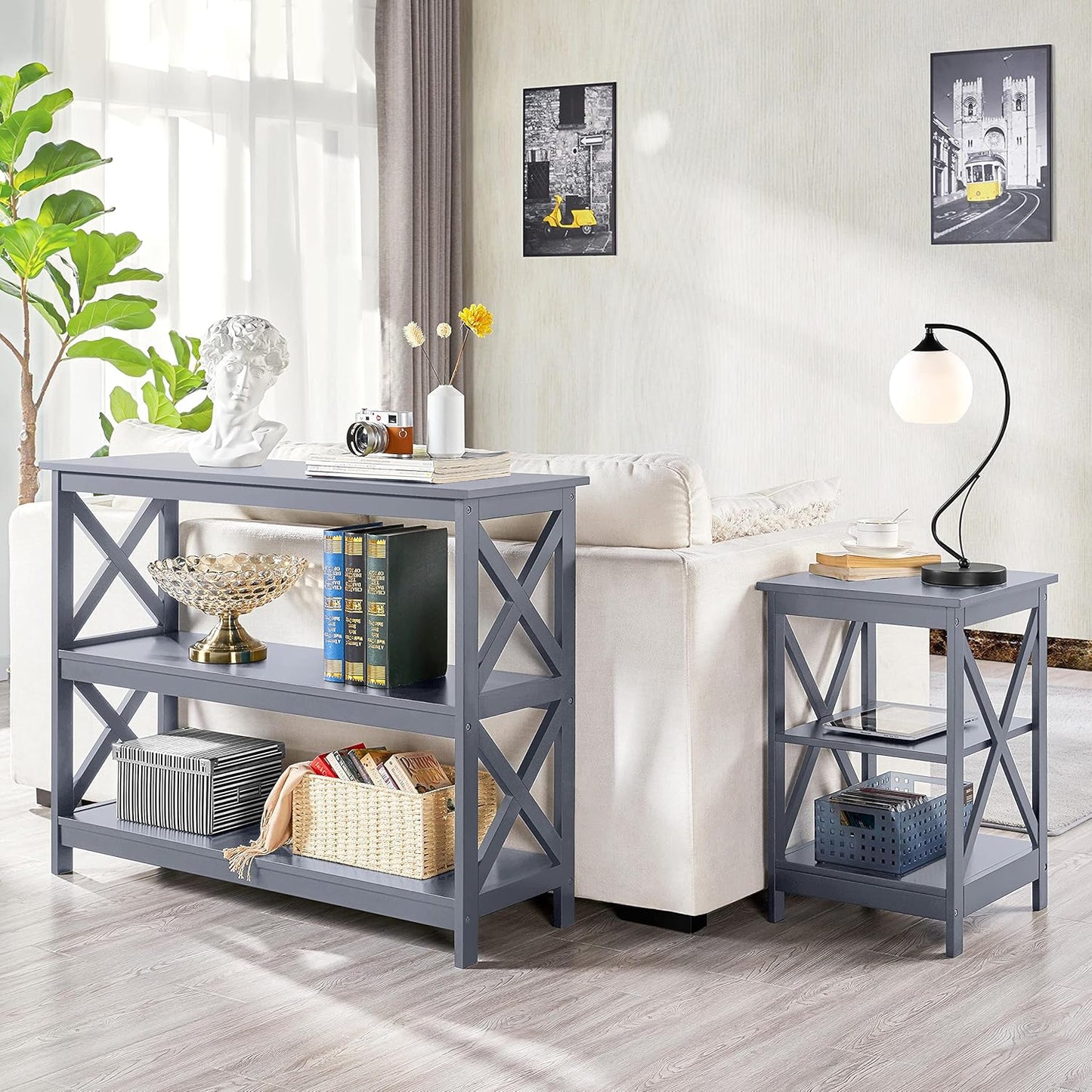 Console Table with 3 Storage Shelves, Entryway Table Sofa Side Table Narrow Long Bookshelf for Hallway Living Room, Accent Furniture, Gray