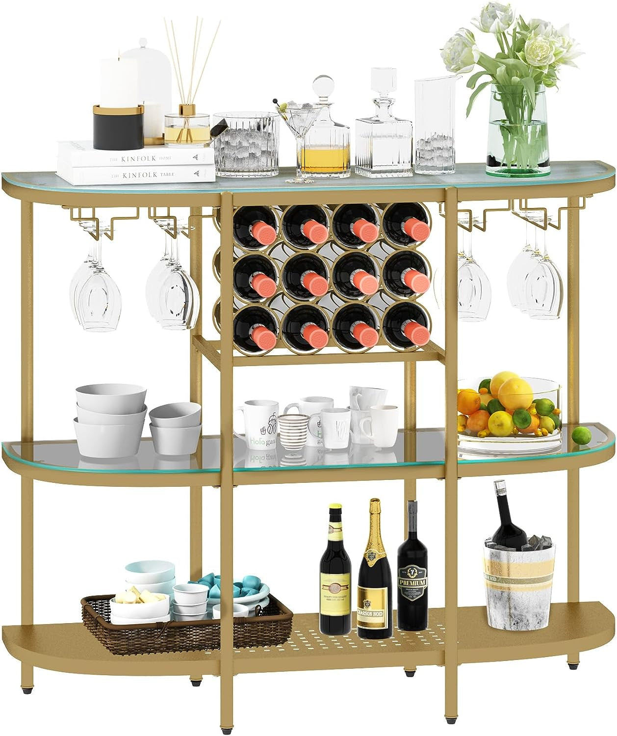 Home Bar Table with Wine Racks, 3 Tier Wine Bar Table with Glass Holders, Wine Cabinet with Open Shelf, Liquor Bar Coffee Bar Table for Living Room Kitchen, Gold