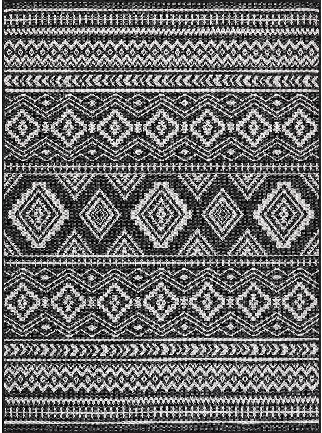 Waikiki Boho Indoor Outdoor Rug 5X7, Washable outside Carpet for Patio, Deck, Porch, Bohemian Area Rug, Farmhouse Rugs, Aztec Tribal Rug, Black and White