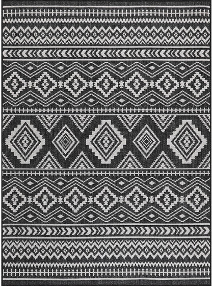 Waikiki Boho Indoor Outdoor Rug 5X7, Washable outside Carpet for Patio, Deck, Porch, Bohemian Area Rug, Farmhouse Rugs, Aztec Tribal Rug, Black and White