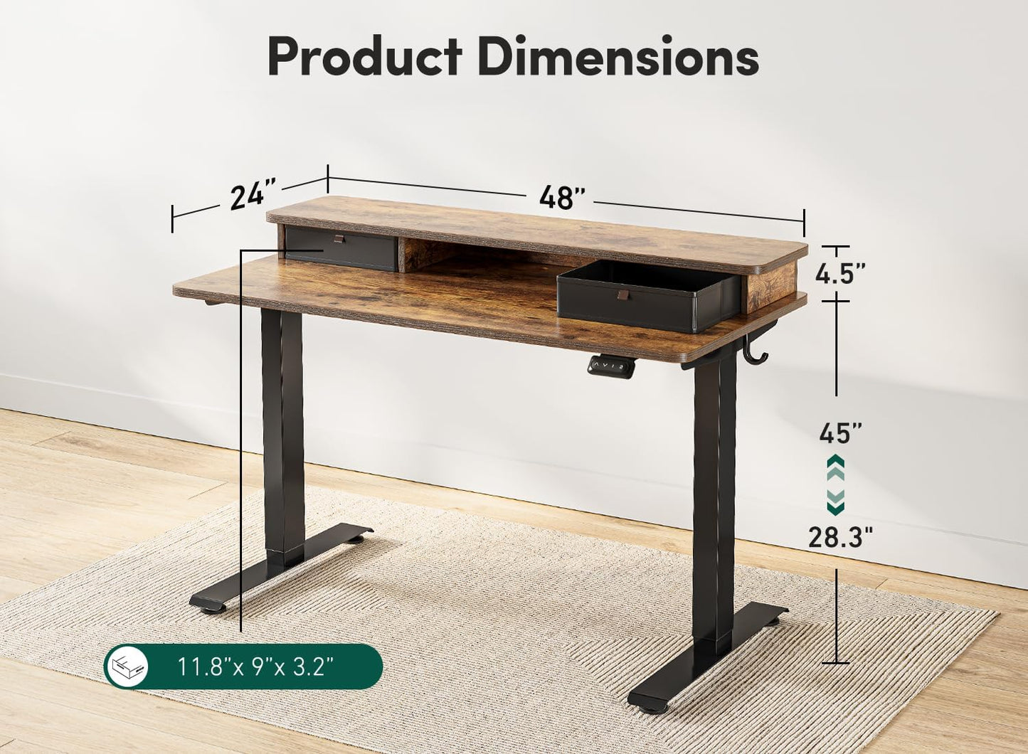 48 X 24 Inch Height Adjustable Electric Standing Desk with Double Drawer, Stand up Desk with Storage Shelf, Sit Stand Desk, Rustic Brown