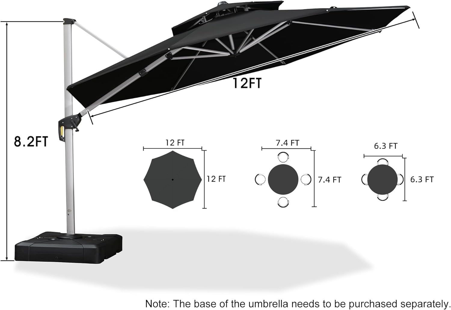 12 Feet Double Top round Deluxe Patio Umbrella Offset Hanging Umbrella Outdoor Market Umbrella Garden Umbrella, Black