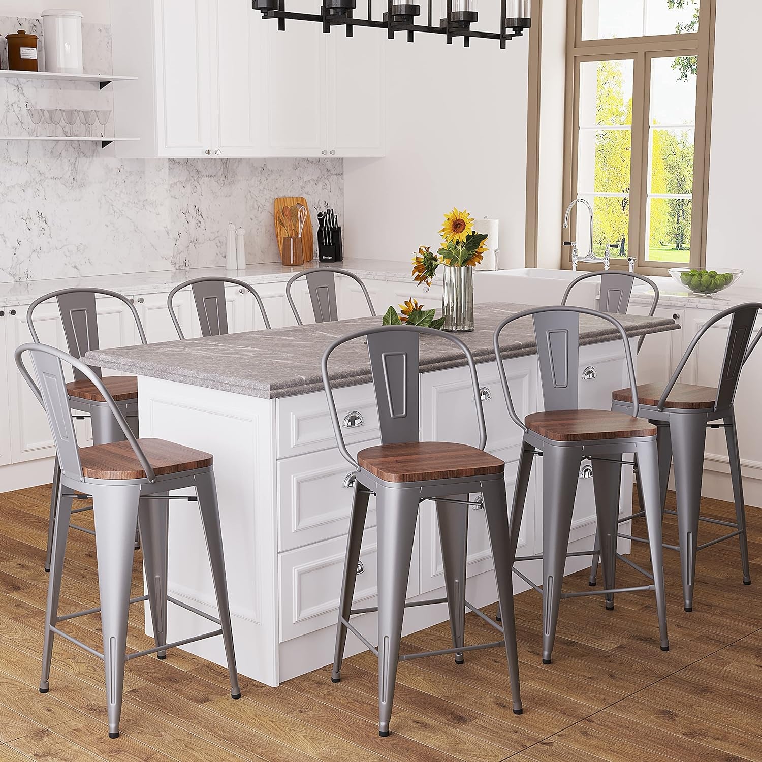 Metal Bar Stools Set of 4,24 Inch Barstools Counter Height Bar Stools with Backs Farmhouse Bar Stools with Larger Seat High Back Kitchen Dining Chairs Modern Bar Chairs 24" Silver Stool