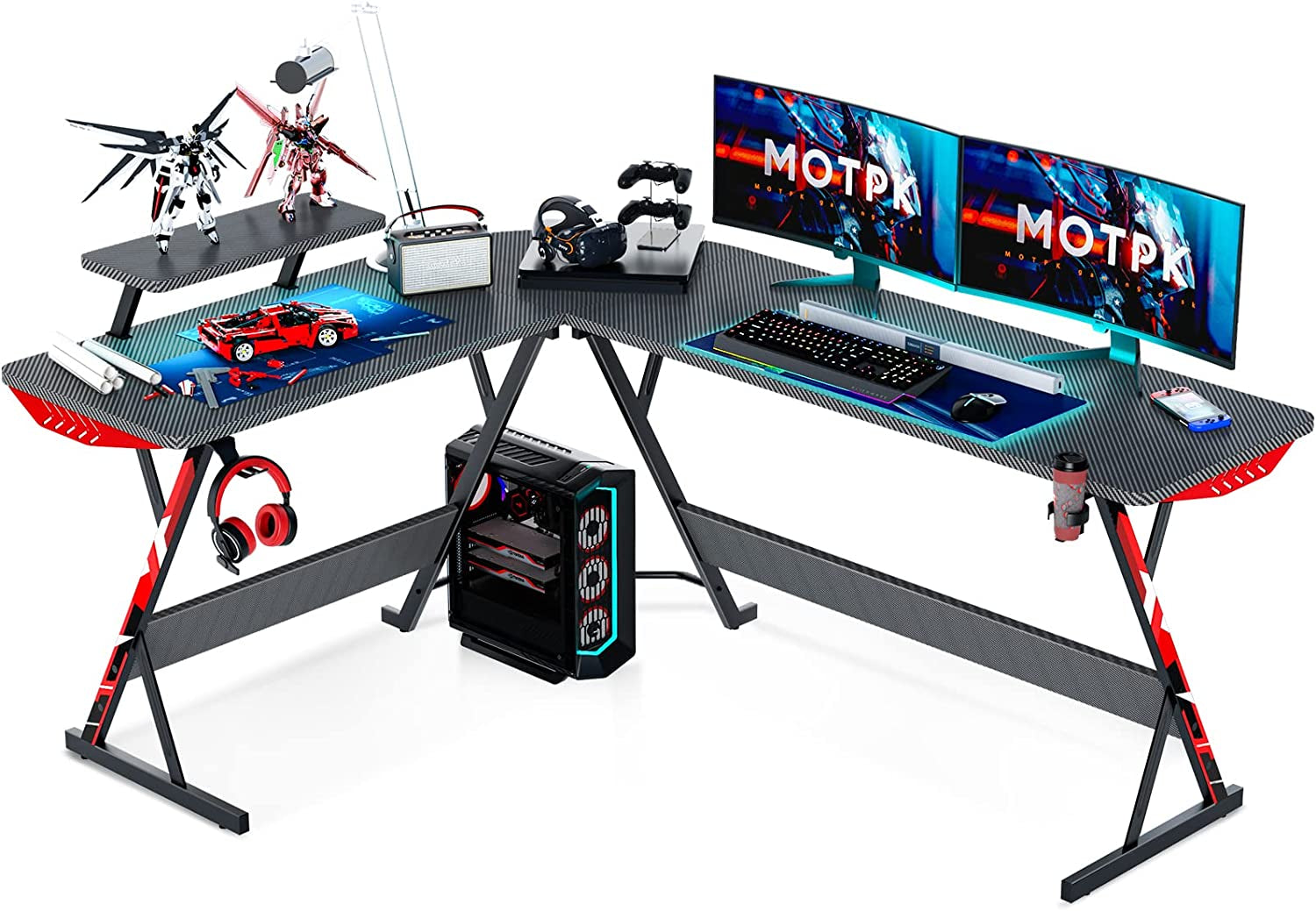 L Shaped Gaming Desk 66 Inch, Gaming Computer Desk L Shape with Carbon Fiber Surface, Gamer Desk Gaming Table with Monitor Shelf, Cup Holder & Headphone Hook, Black