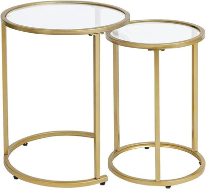 Gold Glass Nesting Side End Tables Set of 2, round Small Stacking Drink Coffee Table for Small Space, Living Room, Bedroom, Christmas, New Year