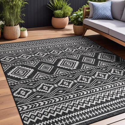 Waikiki Boho Indoor Outdoor Rug 5X7, Washable outside Carpet for Patio, Deck, Porch, Bohemian Area Rug, Farmhouse Rugs, Aztec Tribal Rug, Black and White