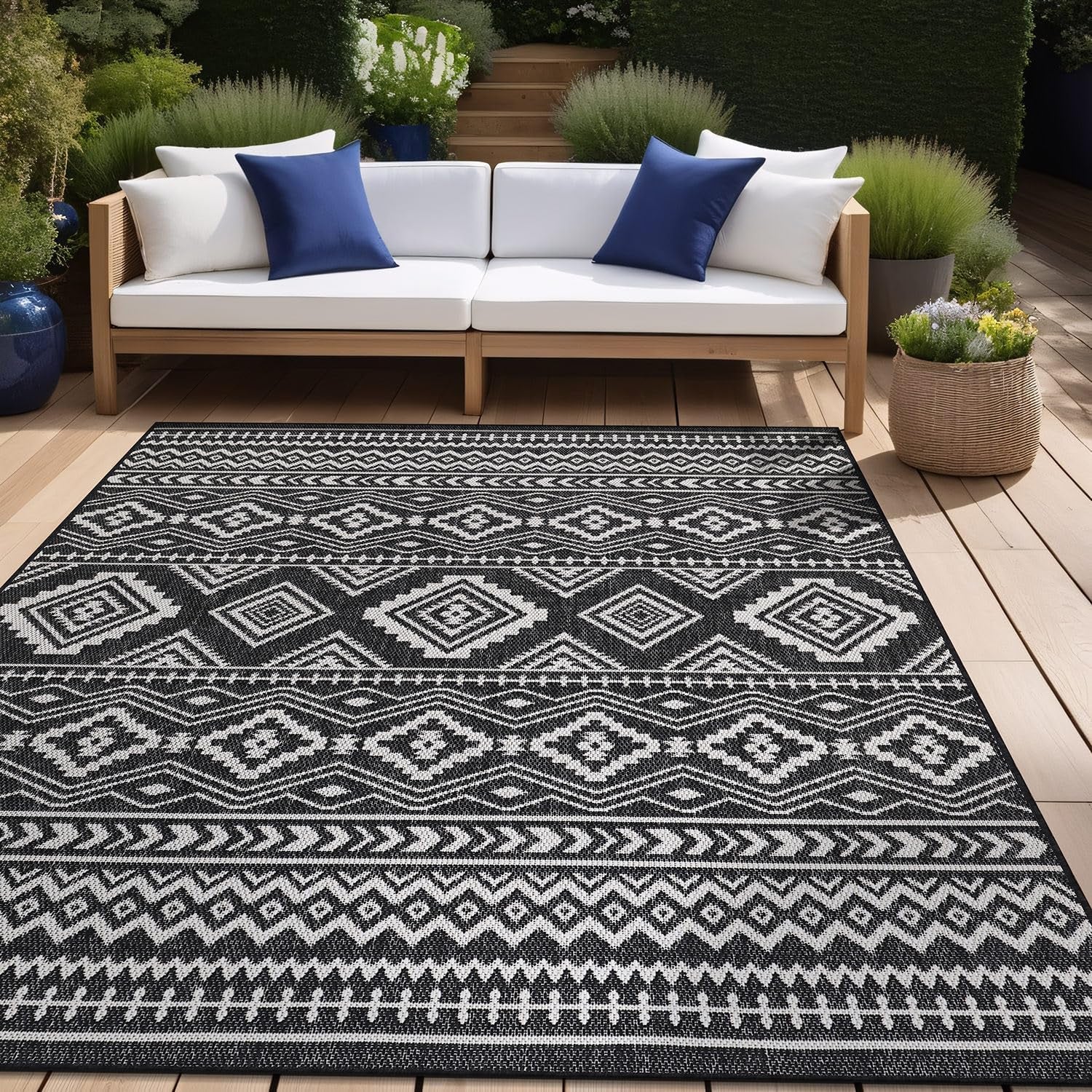 Waikiki Boho Indoor Outdoor Rug 5X7, Washable outside Carpet for Patio, Deck, Porch, Bohemian Area Rug, Farmhouse Rugs, Aztec Tribal Rug, Black and White