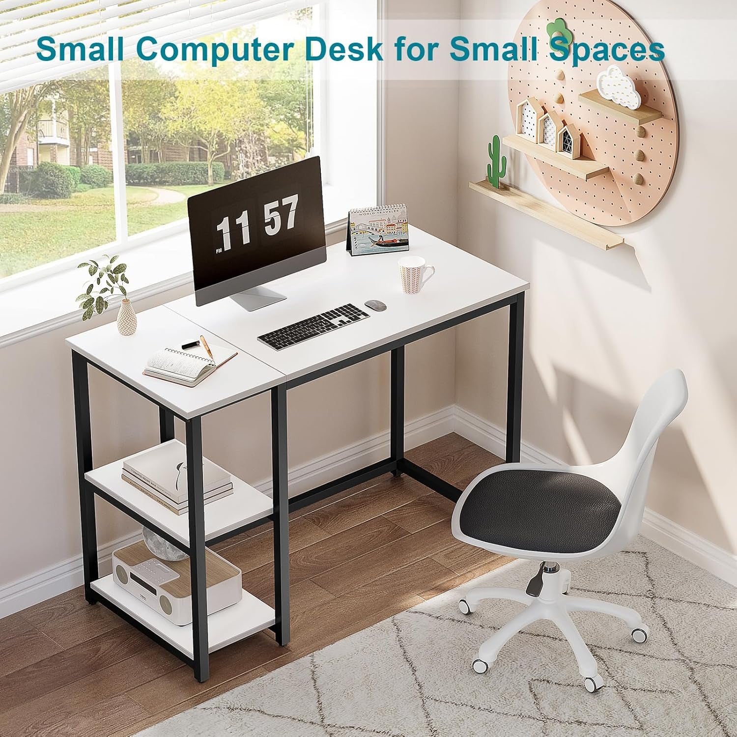 Computer Desk 47 Inches with 2-Tier Shelves Sturdy Home Office Desk with Large Storage Space Modern Gaming Desk Study Writing Laptop Table, White Desk