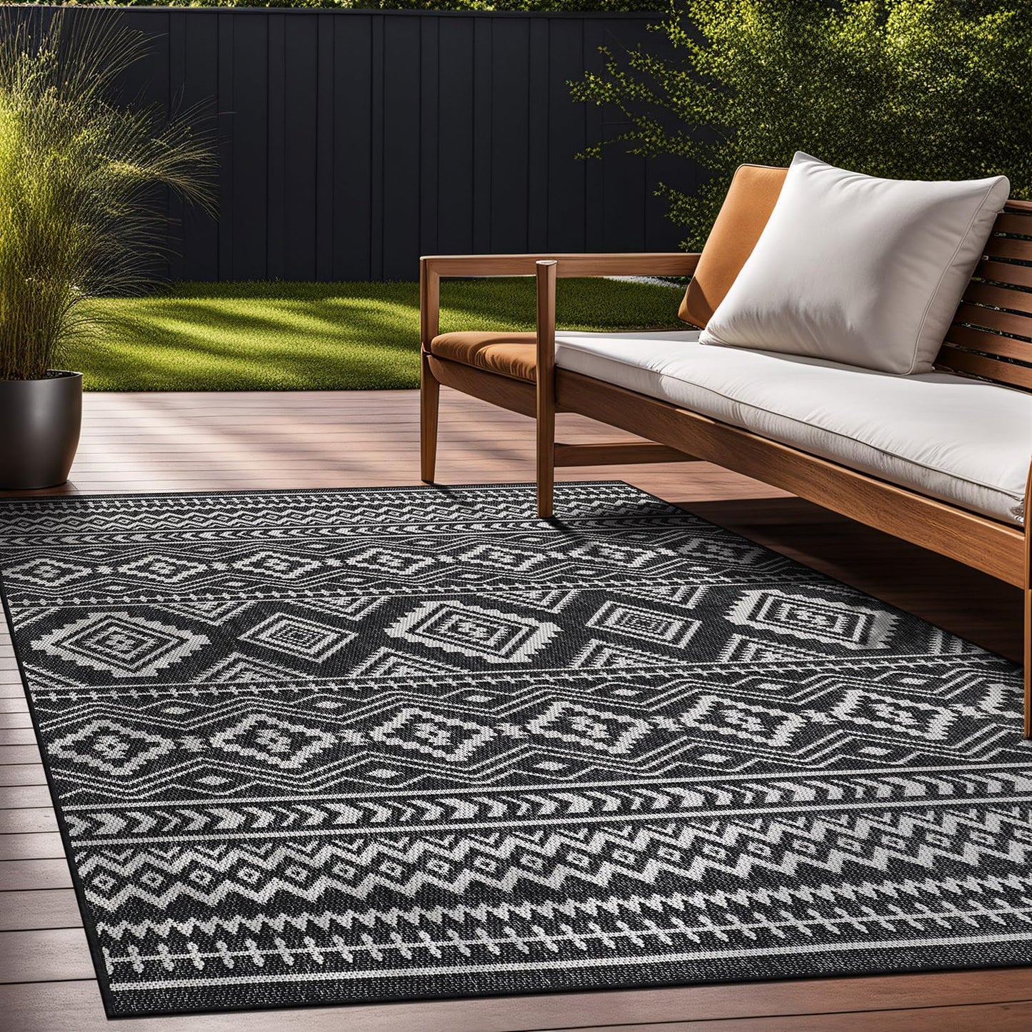 Waikiki Boho Indoor Outdoor Rug 5X7, Washable outside Carpet for Patio, Deck, Porch, Bohemian Area Rug, Farmhouse Rugs, Aztec Tribal Rug, Black and White