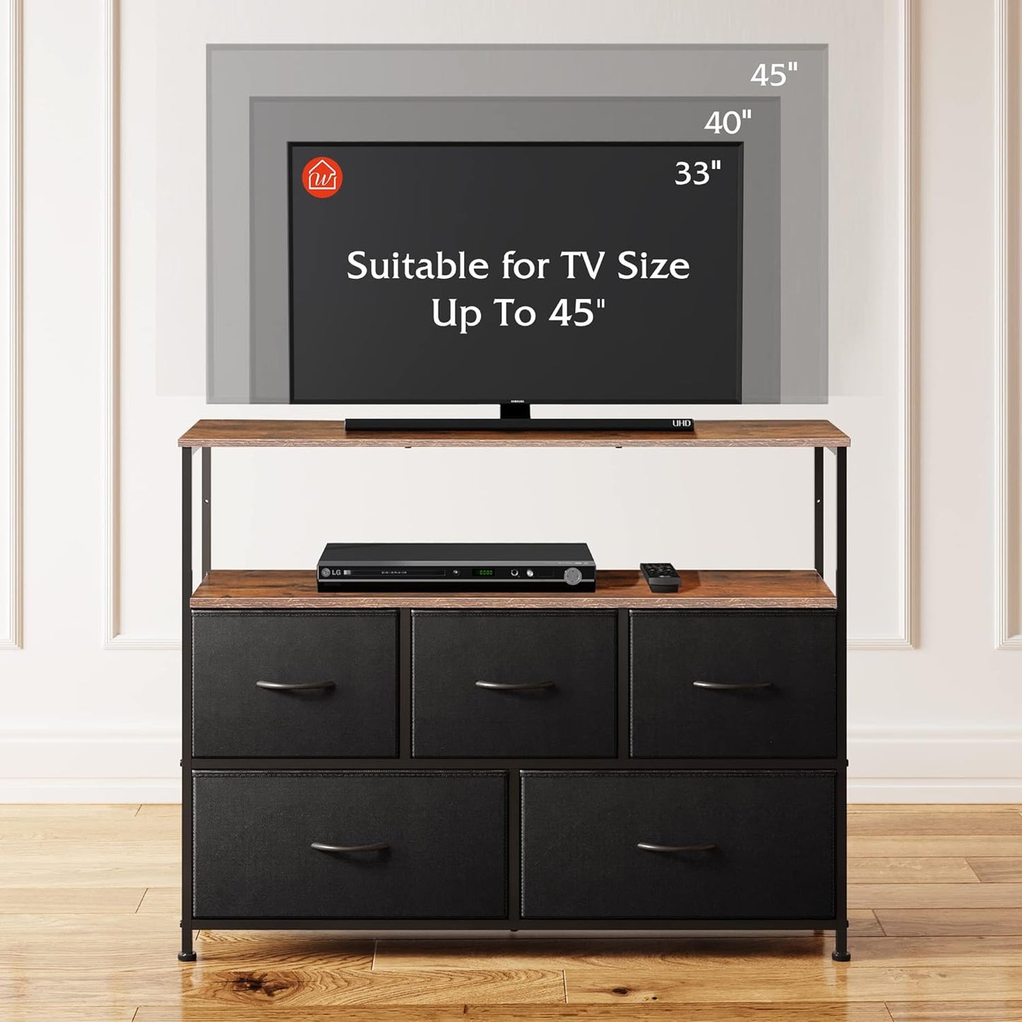 Dresser TV Stand, Entertainment Center with Fabric Drawers, Media Console Table with Open Shelves for TV up to 45 Inch, Storage Drawer Unit for Bedroom, Entryway, Black and Rustic Brown