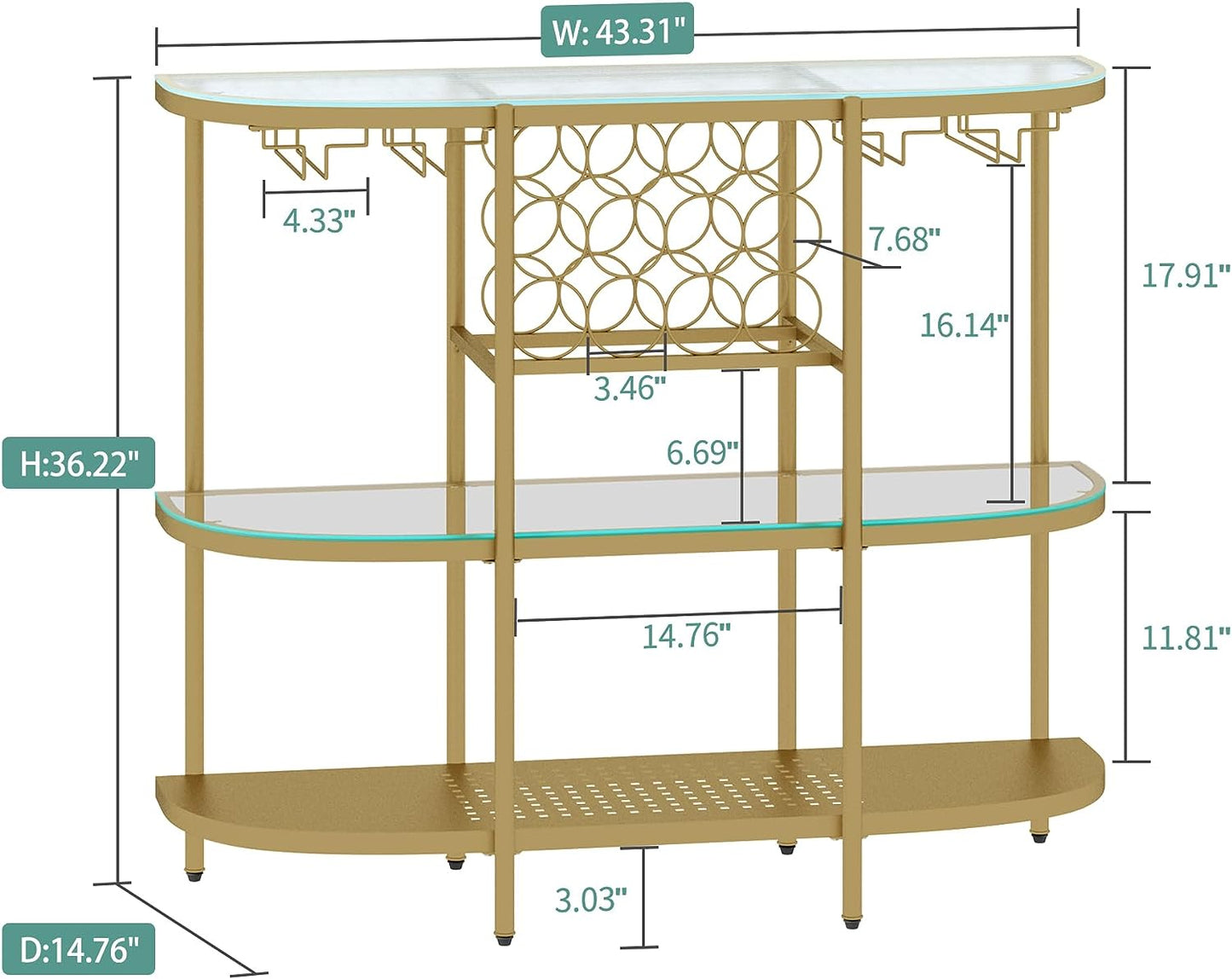 Home Bar Table with Wine Racks, 3 Tier Wine Bar Table with Glass Holders, Wine Cabinet with Open Shelf, Liquor Bar Coffee Bar Table for Living Room Kitchen, Gold