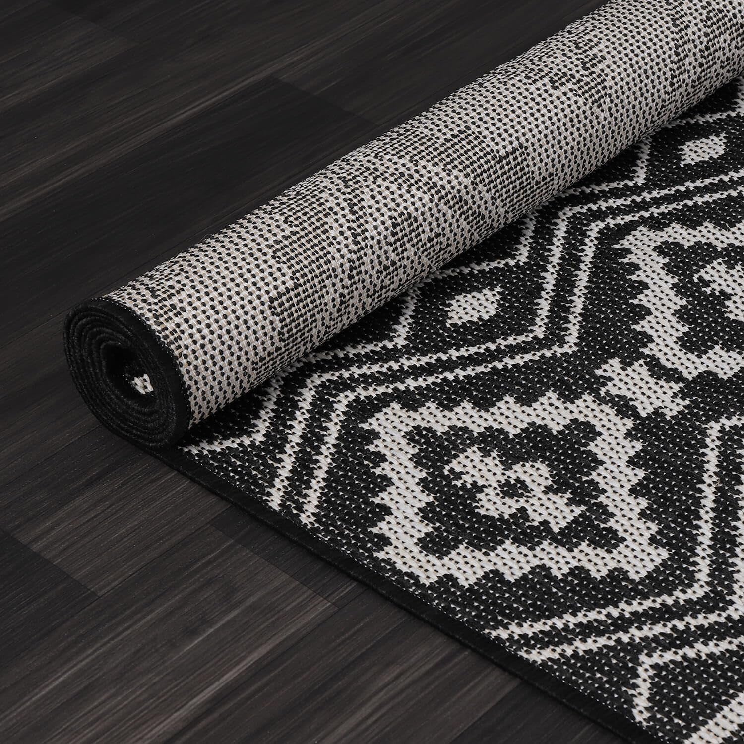 Waikiki Boho Indoor Outdoor Rug 5X7, Washable outside Carpet for Patio, Deck, Porch, Bohemian Area Rug, Farmhouse Rugs, Aztec Tribal Rug, Black and White