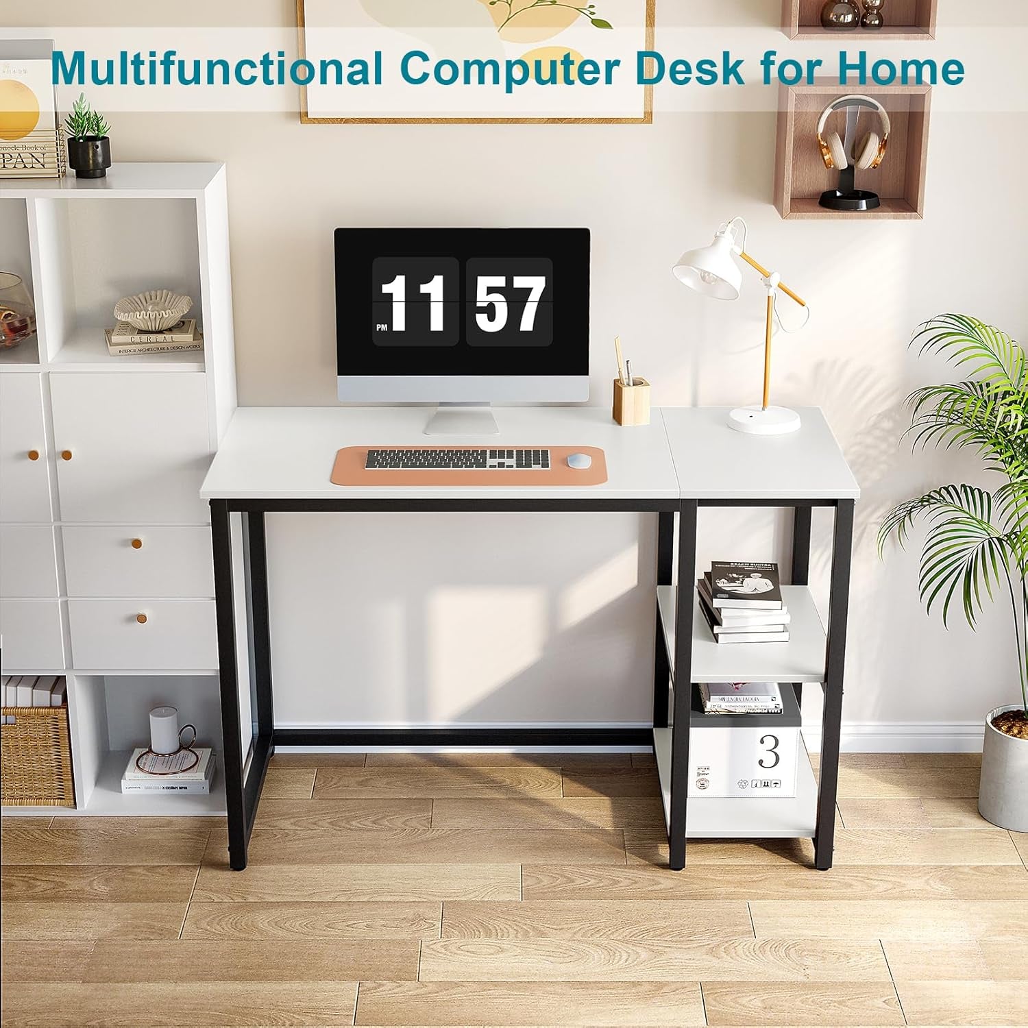 Computer Desk 47 Inches with 2-Tier Shelves Sturdy Home Office Desk with Large Storage Space Modern Gaming Desk Study Writing Laptop Table, White Desk