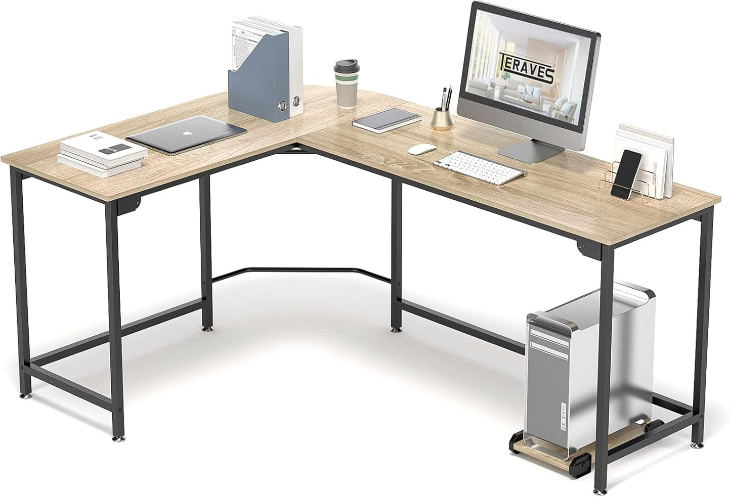 Modern L-Shaped Desk 58'' Corner Computer Desk Home Office Study Workstation Wood & Steel PC Laptop Gaming Table