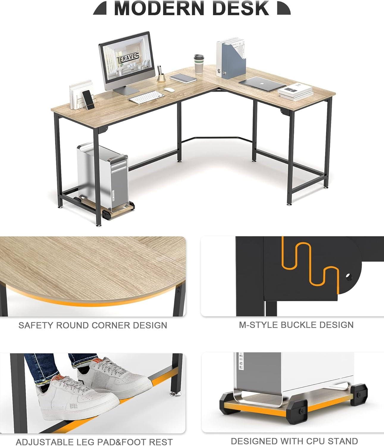 Modern L-Shaped Desk 58'' Corner Computer Desk Home Office Study Workstation Wood & Steel PC Laptop Gaming Table