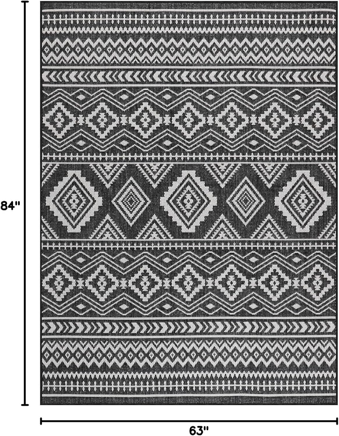 Waikiki Boho Indoor Outdoor Rug 5X7, Washable outside Carpet for Patio, Deck, Porch, Bohemian Area Rug, Farmhouse Rugs, Aztec Tribal Rug, Black and White