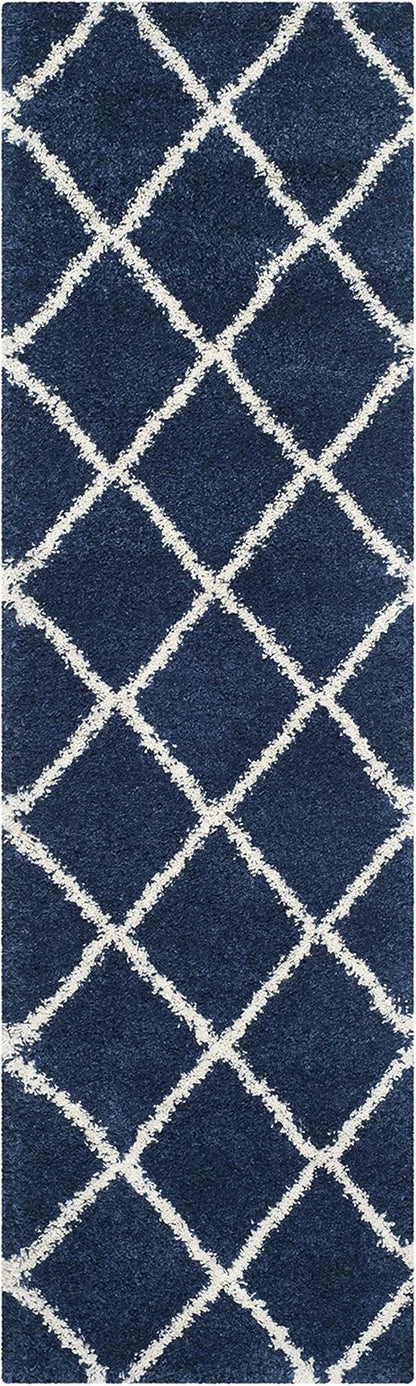 Hudson Shag Collection Runner Rug - 2'3" X 8', Navy & Ivory, Modern Trellis Design, Non-Shedding & Easy Care, 2-Inch Thick Ideal for High Traffic Areas in Living Room, Bedroom (SGH281C)