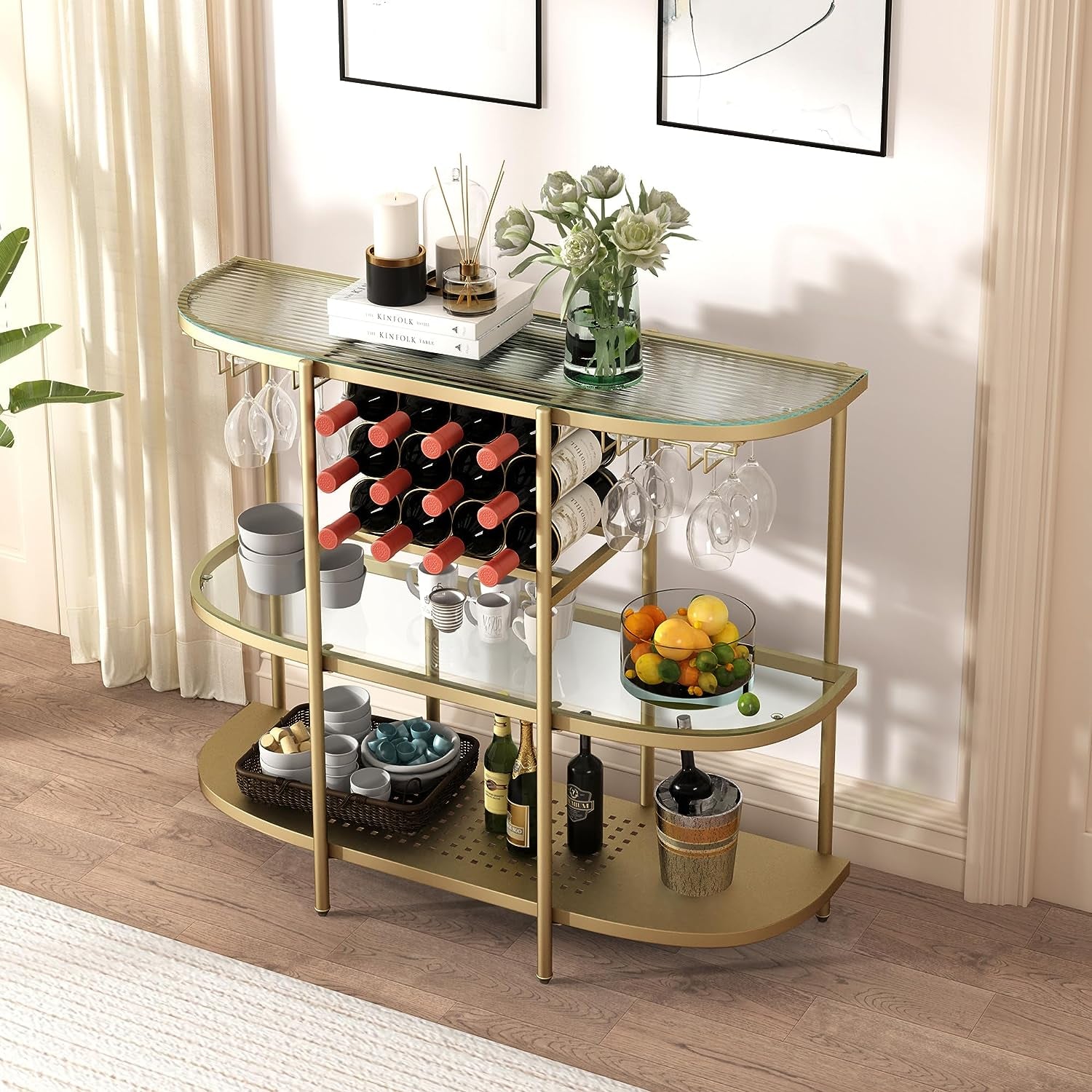 Home Bar Table with Wine Racks, 3 Tier Wine Bar Table with Glass Holders, Wine Cabinet with Open Shelf, Liquor Bar Coffee Bar Table for Living Room Kitchen, Gold