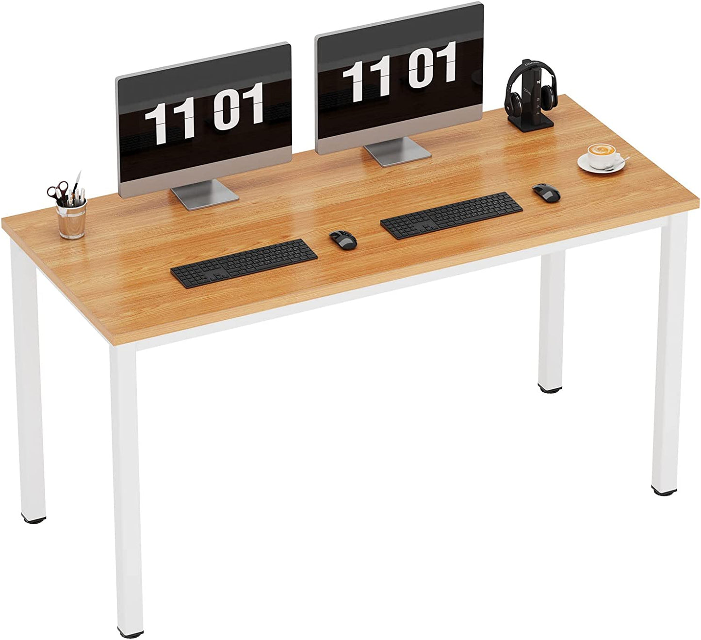 55 Inch Large Computer Desk - Modern Simple Style Home Office Gaming Desk, Basic Writing Table for Study Student, White Metal Frame, Teak