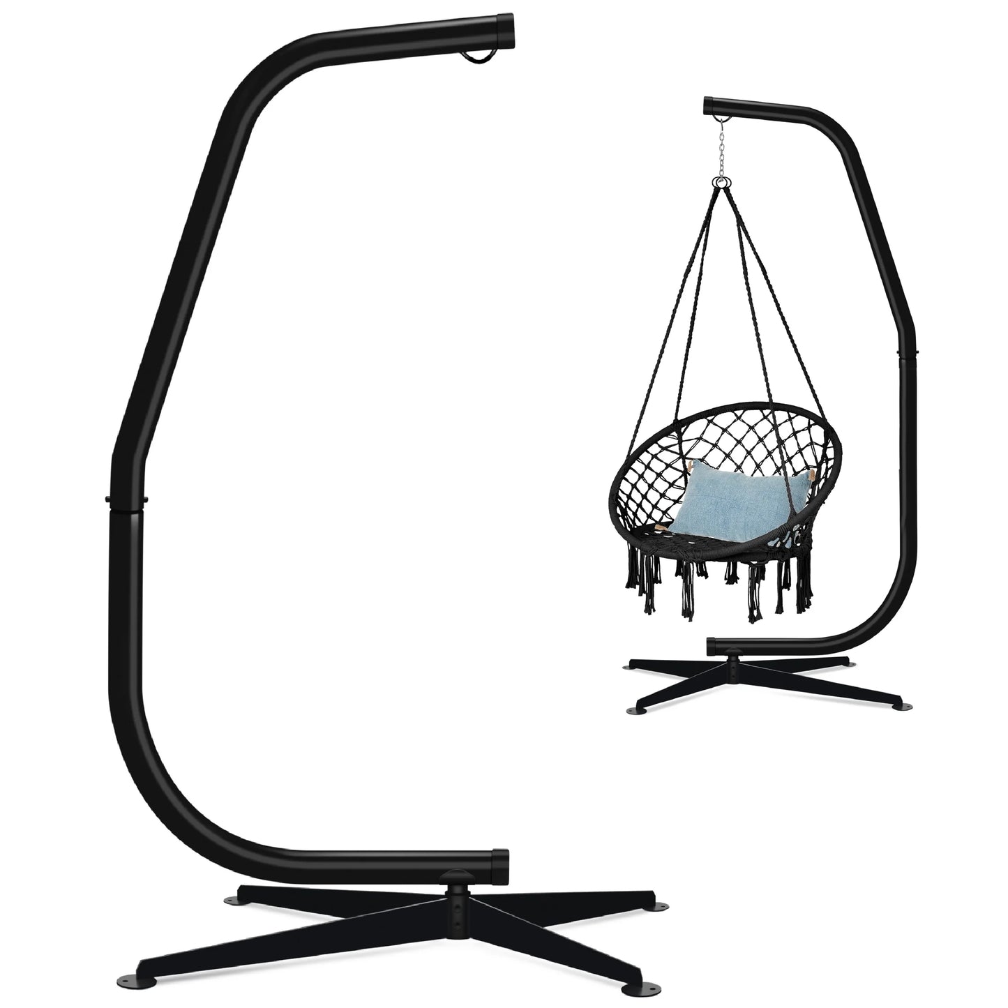 Metal Hanging Hammock C-Stand for Chair/ Weather-Resistant Finish, Offset Base - Stand Only - Black