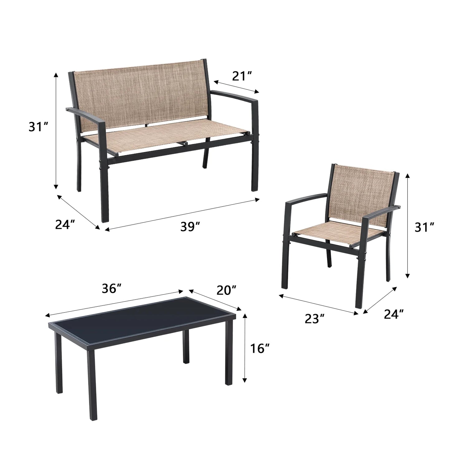 4 Pieces Patio Furniture Outdoor Furniture Outdoor Patio Furniture Set Textilene Bistro Set Modern Conversation Set Black Bistro Set with Loveseat Tea Table, Beige