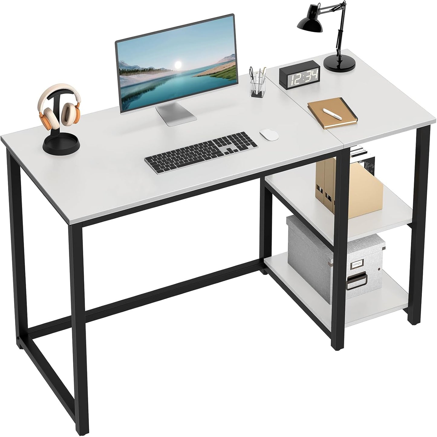 Computer Desk 47 Inches with 2-Tier Shelves Sturdy Home Office Desk with Large Storage Space Modern Gaming Desk Study Writing Laptop Table, White Desk