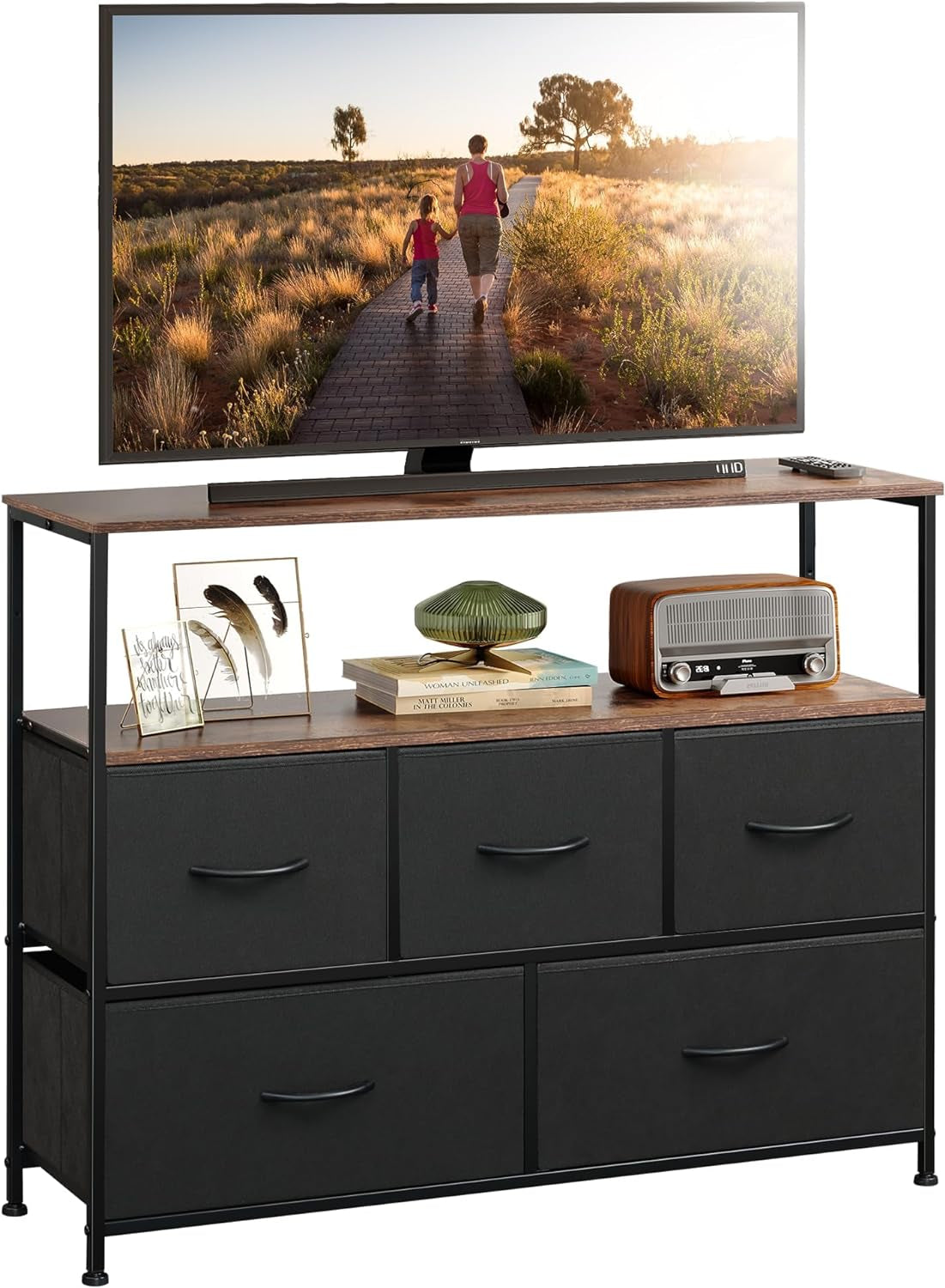 Dresser TV Stand, Entertainment Center with Fabric Drawers, Media Console Table with Open Shelves for TV up to 45 Inch, Storage Drawer Unit for Bedroom, Entryway, Black and Rustic Brown