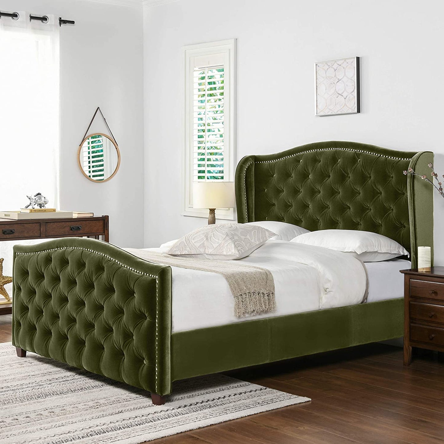 Marcella Upholstered Shelter Headboard Bed Set, Queen, Olive Green Performance Velvet