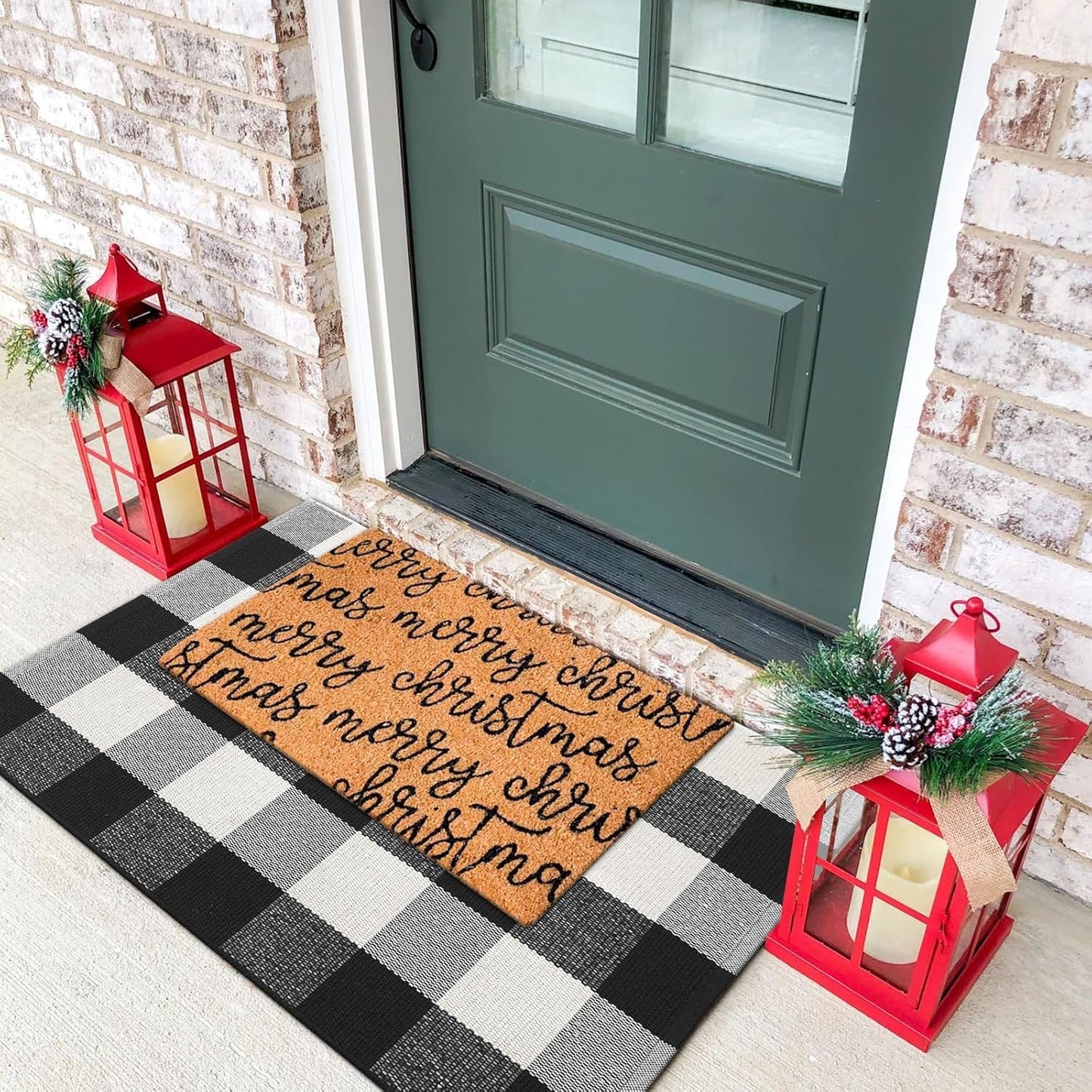 Buffalo Plaid Outdoor Door Mat, 2X3 Ft Front Porch Rugs, Washable Woven Black White Checkered Rug, Welcome Layered Doormats Outdoor for Farmhouse Kitchen/Entryway/Front Door