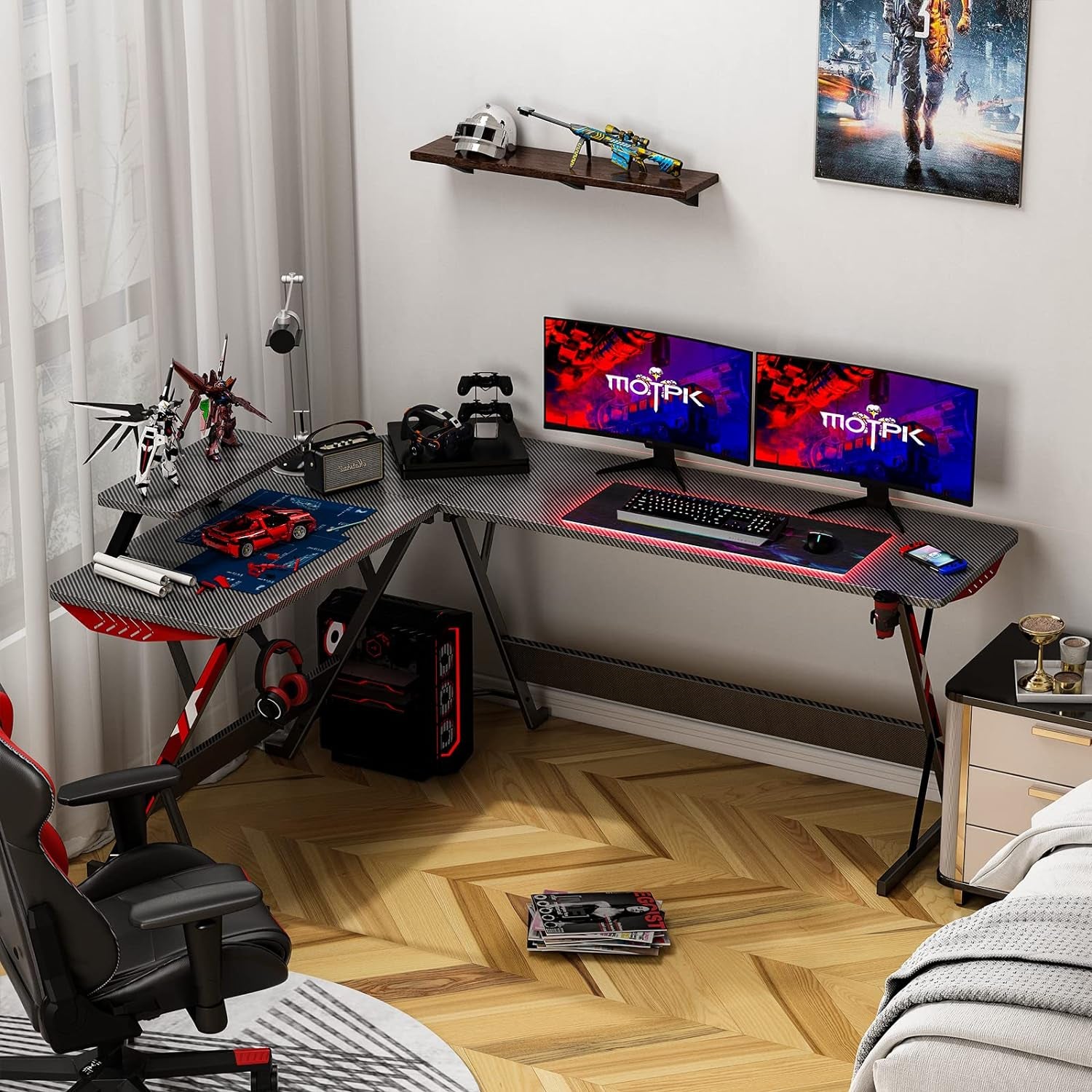 L Shaped Gaming Desk 66 Inch, Gaming Computer Desk L Shape with Carbon Fiber Surface, Gamer Desk Gaming Table with Monitor Shelf, Cup Holder & Headphone Hook, Black