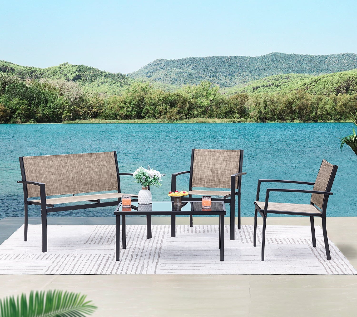 4 Pieces Patio Furniture Outdoor Furniture Outdoor Patio Furniture Set Textilene Bistro Set Modern Conversation Set Black Bistro Set with Loveseat Tea Table, Beige