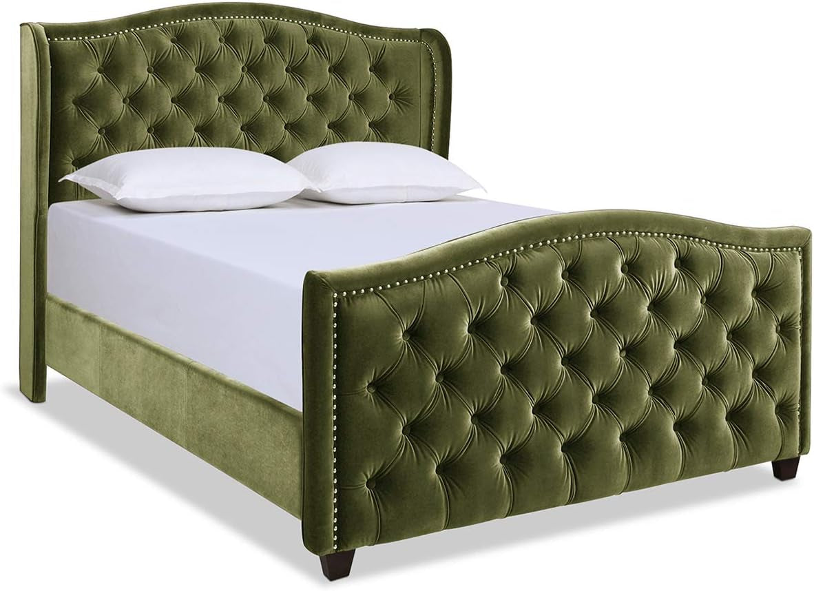 Marcella Upholstered Shelter Headboard Bed Set, Queen, Olive Green Performance Velvet