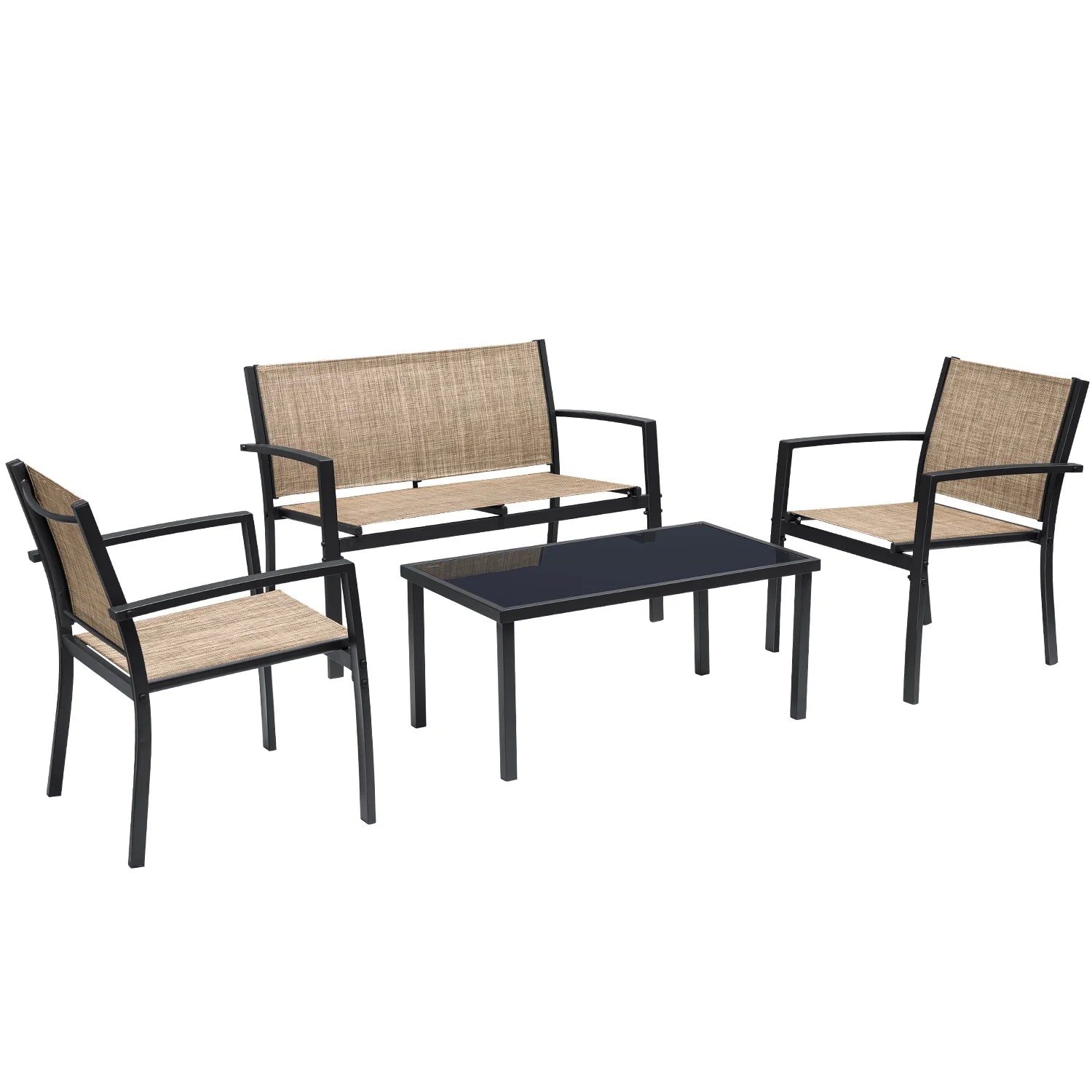 4 Pieces Patio Furniture Outdoor Furniture Outdoor Patio Furniture Set Textilene Bistro Set Modern Conversation Set Black Bistro Set with Loveseat Tea Table, Beige