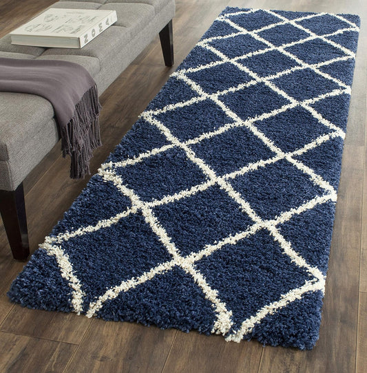 Hudson Shag Collection Runner Rug - 2'3" X 8', Navy & Ivory, Modern Trellis Design, Non-Shedding & Easy Care, 2-Inch Thick Ideal for High Traffic Areas in Living Room, Bedroom (SGH281C)