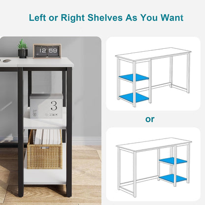 Computer Desk 47 Inches with 2-Tier Shelves Sturdy Home Office Desk with Large Storage Space Modern Gaming Desk Study Writing Laptop Table, White Desk