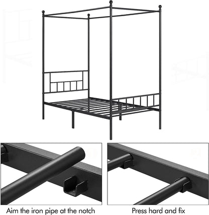 Canopy Bed Frames Platform Bed Frame Four-Poster Canopied Bed Mattress Foundation with Headboard and Footboard Sturdy Slatted Structure No Box Spring Needed Easy Assembly Twin Size/Black