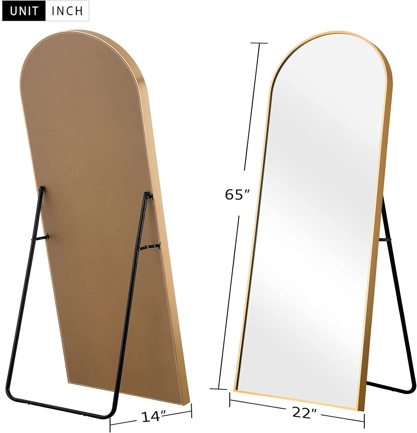 Arched Full Length Mirror Standing Hanging or Leaning against Wall, Oversized Large Bedroom Mirror Floor Mirror Dressing Mirror, Aluminum Alloy Thin Frame, Gold, 65"X22"