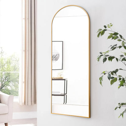 Arched Full Length Mirror Standing Hanging or Leaning against Wall, Oversized Large Bedroom Mirror Floor Mirror Dressing Mirror, Aluminum Alloy Thin Frame, Gold, 65"X22"