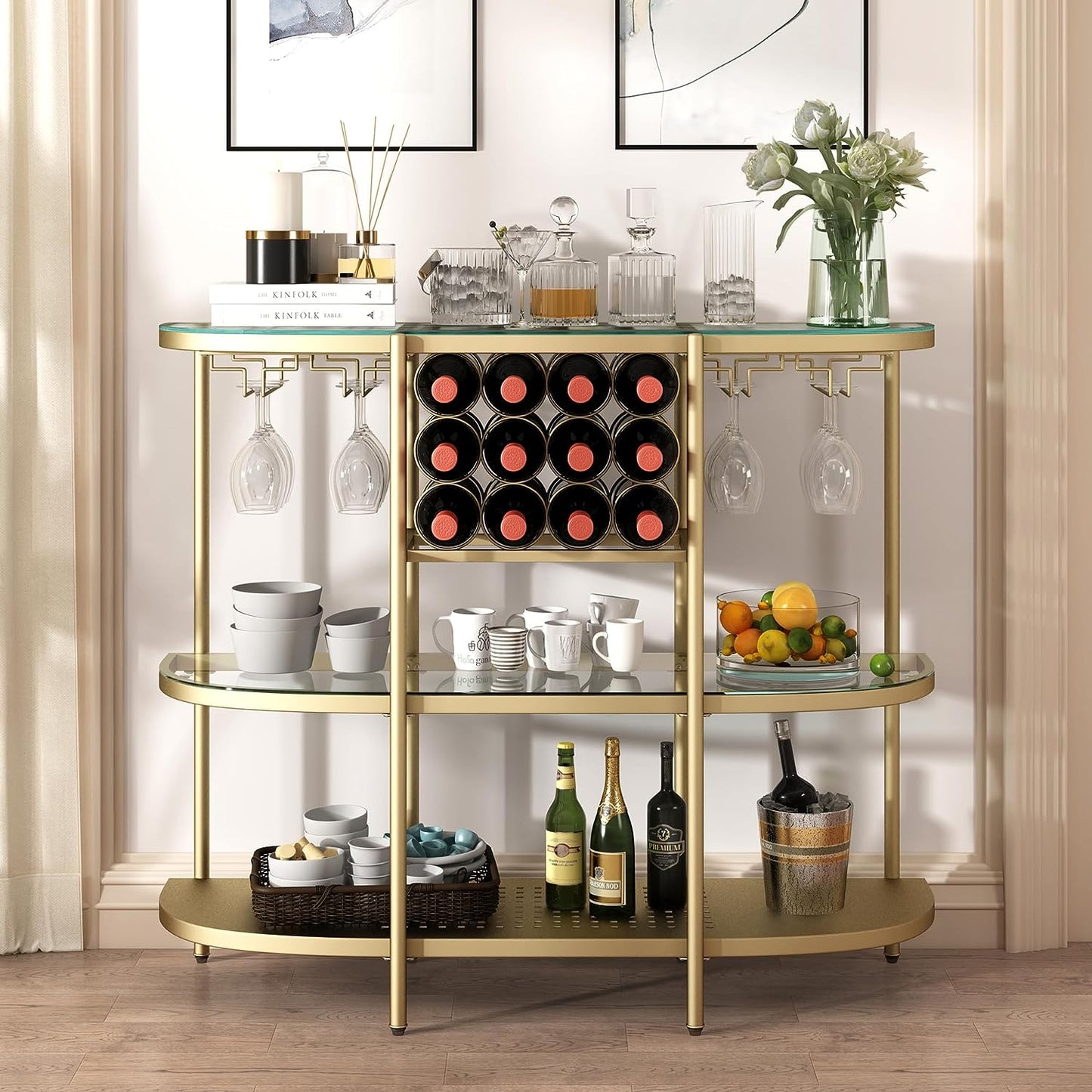 Home Bar Table with Wine Racks, 3 Tier Wine Bar Table with Glass Holders, Wine Cabinet with Open Shelf, Liquor Bar Coffee Bar Table for Living Room Kitchen, Gold