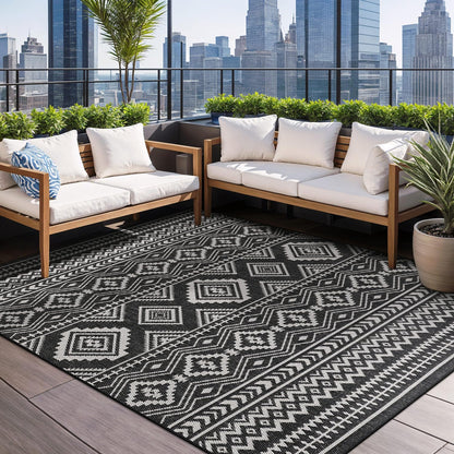 Waikiki Boho Indoor Outdoor Rug 5X7, Washable outside Carpet for Patio, Deck, Porch, Bohemian Area Rug, Farmhouse Rugs, Aztec Tribal Rug, Black and White