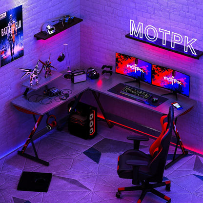 L Shaped Gaming Desk 66 Inch, Gaming Computer Desk L Shape with Carbon Fiber Surface, Gamer Desk Gaming Table with Monitor Shelf, Cup Holder & Headphone Hook, Black