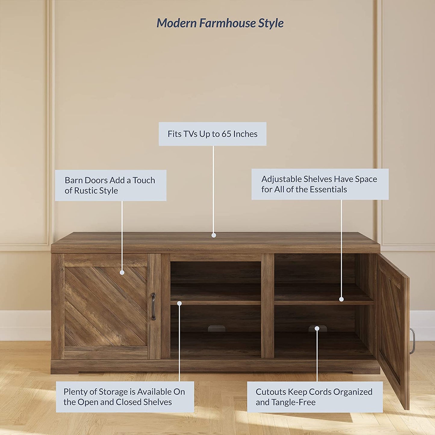 Modern 58 Inch Farmhouse TV Stand & Media Entertainment Center Console Table for Tvs up to 65 Inch with Two Shelves and Storage Cabinets - Hilo (Rustic Oak)